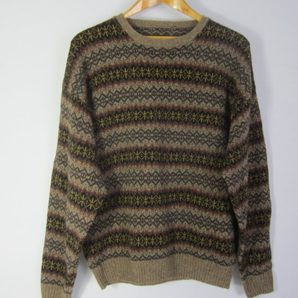 Geoffrey Beene Mens Large Brown Black Lambswool Fair Isle Sweater Crew Neck - Picture 1 of 8